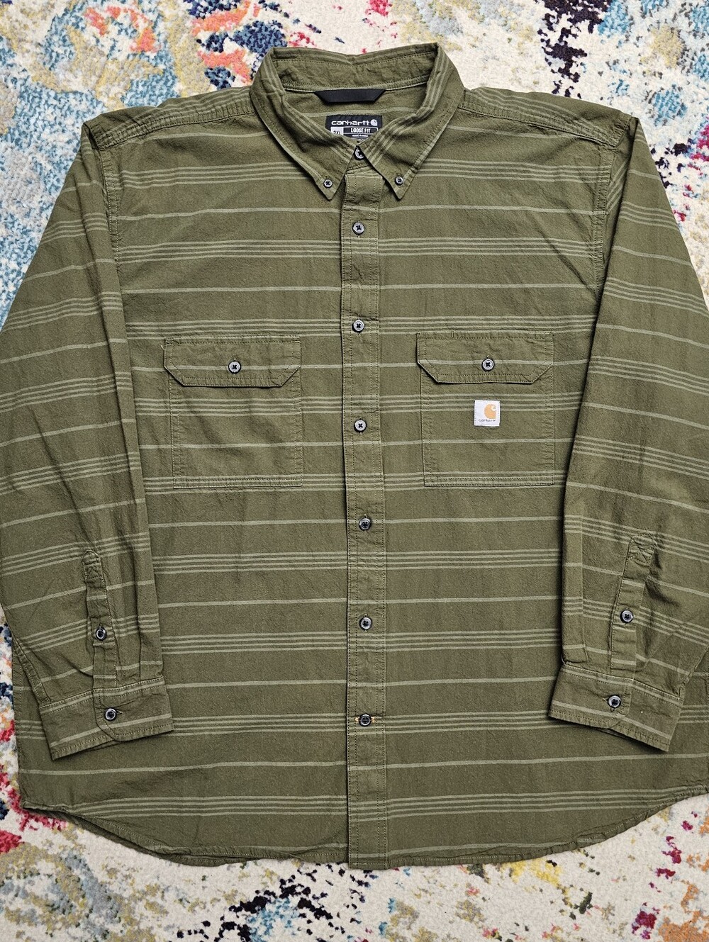 Carhartt Flannel Shirt Mens 2XL XXL Green Striped Button Front Long Sleeve Loose